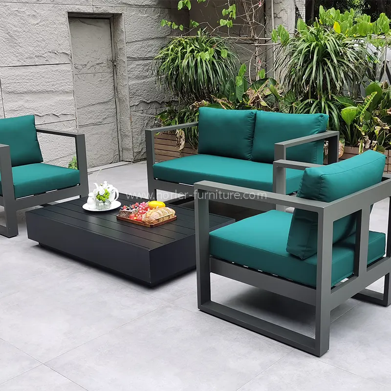 Sofá de jardín de patio de tela a prueba de agua verde de aluminio negro