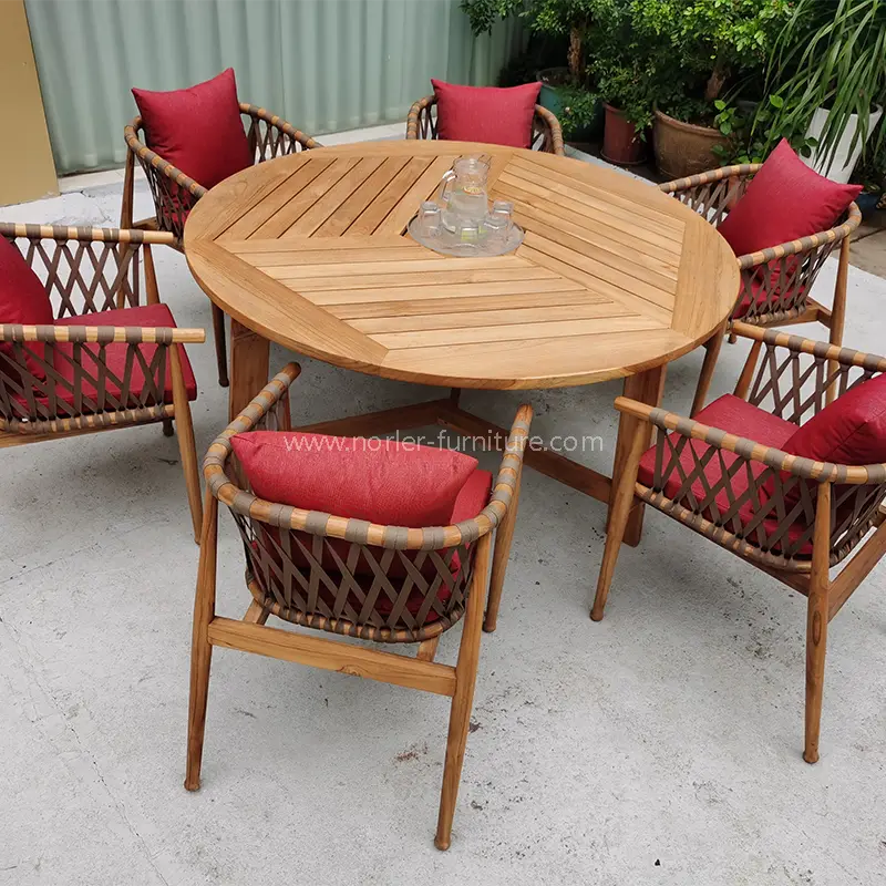 Juego de comedor de cinturón tejido de madera de madera de teca al aire libre de alta gama