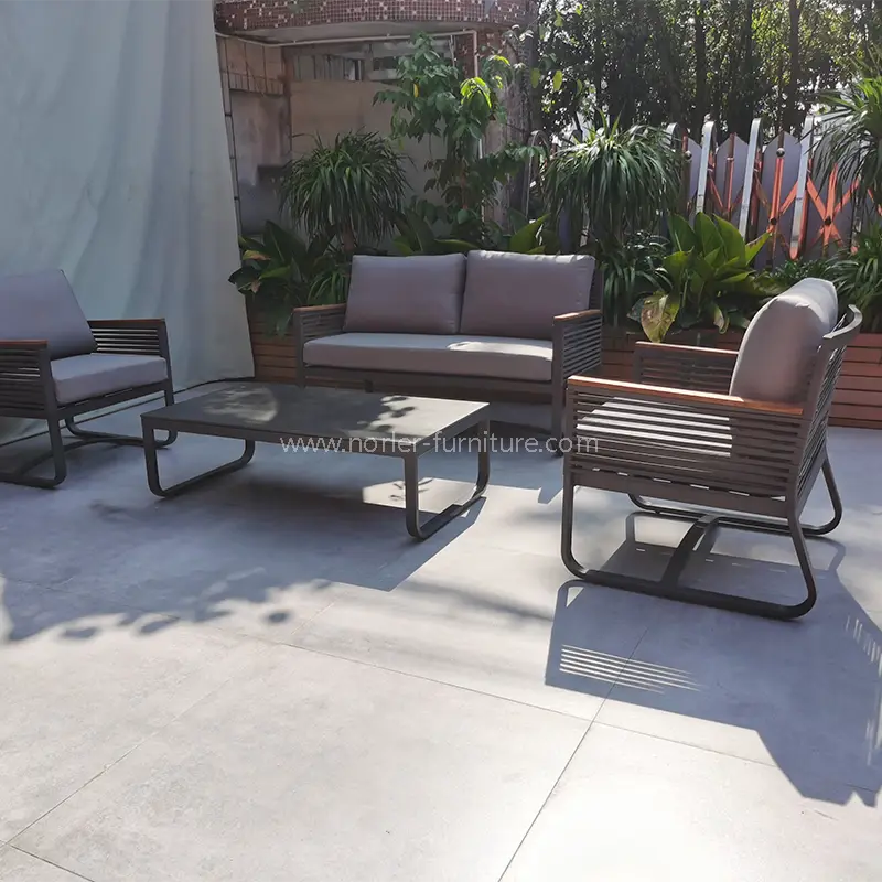 Newest Outdoor Aluminum Frame Teak Wood Armrest Sofa