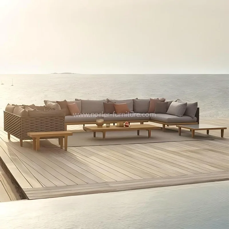 Sofá de cuerda de madera de madera de teca al aire libre moderna