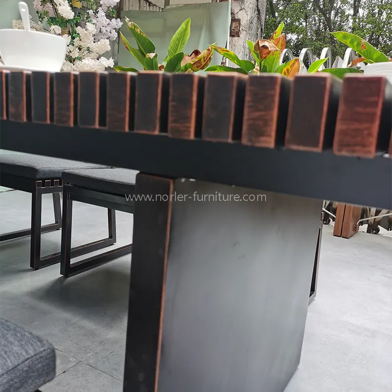 Patio al aire libre Madera de madera Mesa y sillas de comedor de aluminio