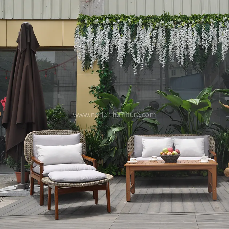 Set de sofá de ratán de madera de teca resistente al clima al aire libre